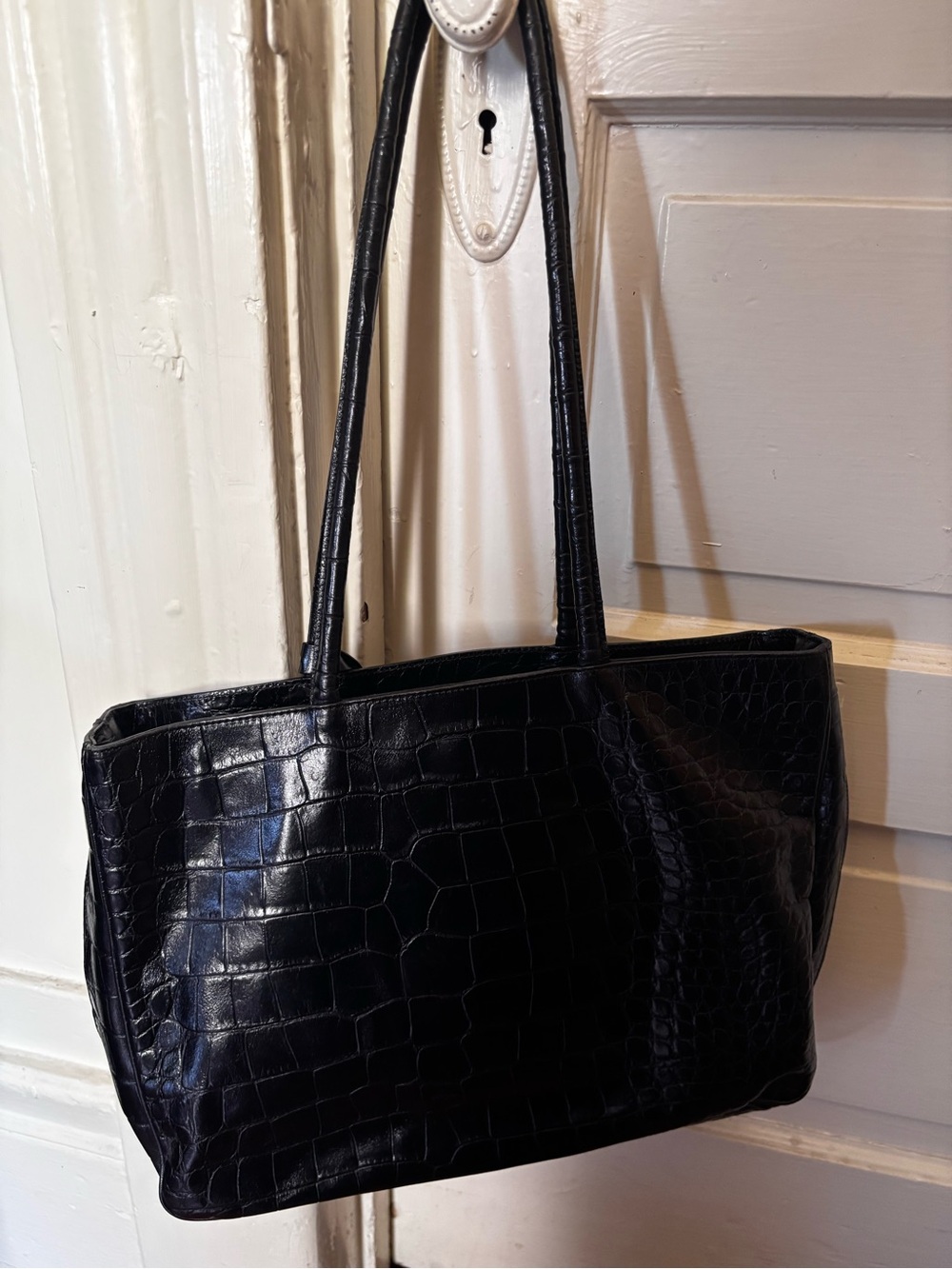 Furla Black Croc-Embossed Leather Tote with Silver Charm - Picture 2 of 12